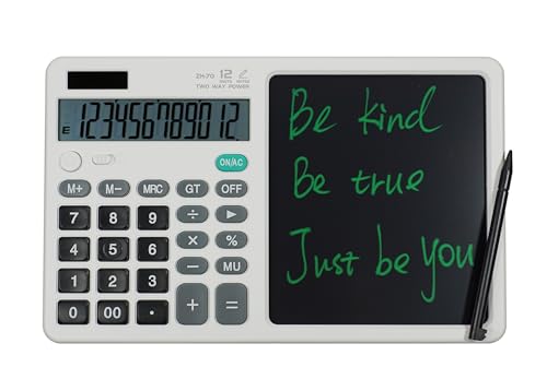 Desk Calculator Large Display with 7'' Erasable Writing Pad, 12 Digits Large Screen Display Jumbo Calculadora, Solar & Battery Powered Big Button Calculators for Business Office School, White - color: White