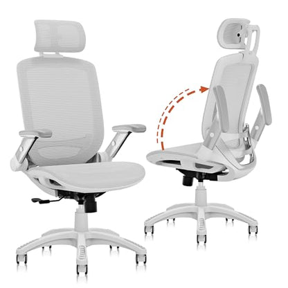 GABRYLLY Ergonomic Office Chair, High Back Home Desk Chair with Headrest, Flip-Up Arms, 90-120° Tilt Lock and Wide Cushion, 300LBS Mesh Chairs for Man Woman, White Task Chair(Grey,GY01WG) - color: White Frame Grey Mesh