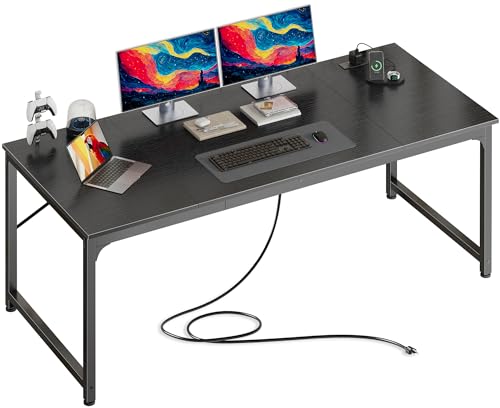 63 X 30 Inch Extra Deep Desk with Power Outlets | Long Computer Desk for Bedroom, Office Desk for Work from Home, Writing Study Gaming Table, Stable Metal Frame, Black - color: Black, size: 63*29.5 inch