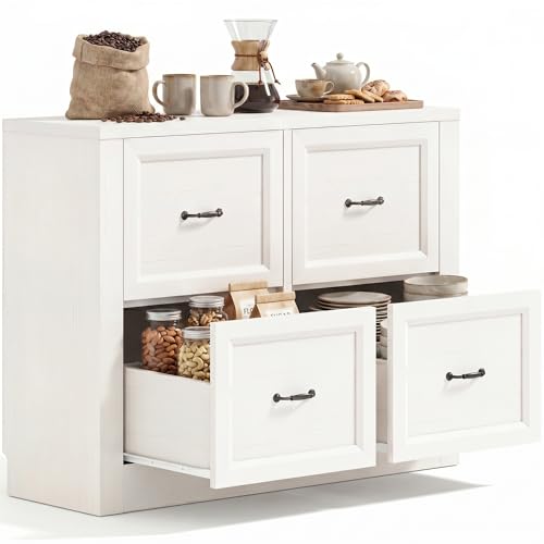39" Sideboard Buffet Cabinet with 4 Drawers, Storage Credenza with Toe-Kick Design, Modular Cabinet System Expandable for Living Room, Entryway & Kitchen (1, White, 12 Inch Depth) - color: Vintage Warm White, size: 40"x12"