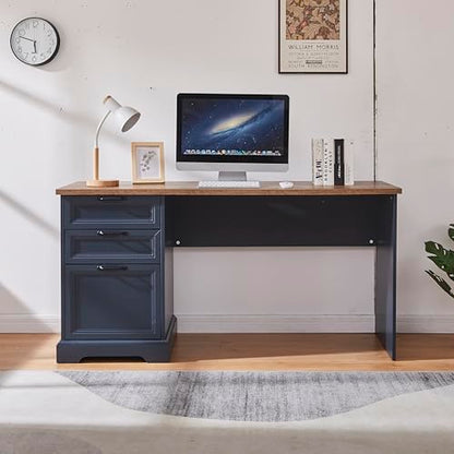 60" Farmhouse Executive Desk with Charging Station,Home Office Desk with 2 Drawers &1 File Cabinet,Fluted Computer Desk for Office and Home (Blue) - color: Blue