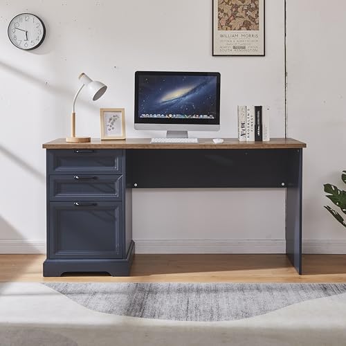 60" Farmhouse Executive Desk with Charging Station,Home Office Desk with 2 Drawers &1 File Cabinet,Fluted Computer Desk for Office and Home (Blue) - color: Blue
