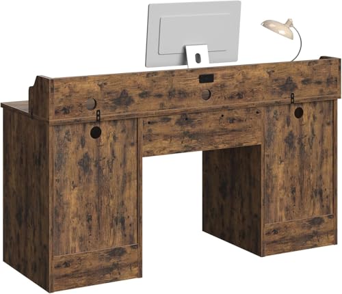 Bestier 59" Executive Desk with Charging Station & Monitor Stand, Brown - color: Natural Rustic Brown