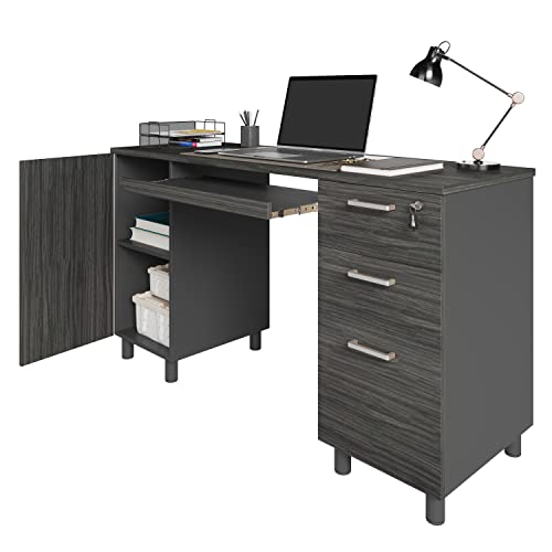 Modern Designs Venice Computer Desk with Lockable Drawers, 53 Inch Home Office Desk with Storage Cabinet, Keyboard Tray & Cable Management, Modern Study Writing Desk for Small Spaces, Black and Grey - color: Black Grey