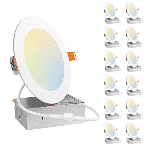 Amico 12 Pack 5 Inch LED Recessed Lighting, Canless Wafer Downlight, White | 5CCT 2700K-5000K, 5%-100% Dimmable, Ultra-thin, Metal housing, 900LM 11W 120V, IC & Damp Rated, ETL & FCC, 50000h Life Span - color: White, size: 5 Inch