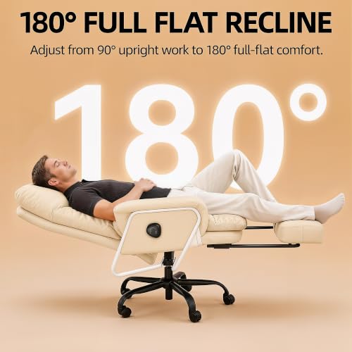 180° Reclining Office Chair with Footrest, PU Leather, Beige - color: Beige