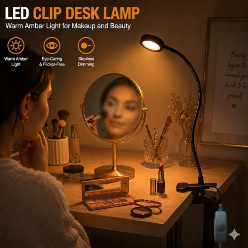 USB Clip-On Desk Lamp Eye Caring Dimmable Reading Light (Amber Light, 8W) | Dimmable, Inline Switch, 1M Timer, USB 5V Port, 1800K, 81inch Long Cable, Flexible Gooseneck， Metal Head and Clip - color: Amber Light