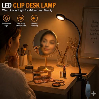 USB Clip-On Desk Lamp Eye Caring Dimmable Reading Light (Amber Light, 8W) | Dimmable, Inline Switch, 1M Timer, USB 5V Port, 1800K, 81inch Long Cable, Flexible Gooseneck， Metal Head and Clip - color: Amber Light