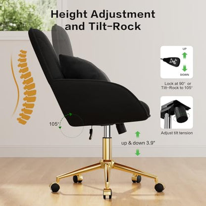 Home Office Desk Chair Comfy with Adjustable Swivel Wheels, Modern Velvet Makeup Vanity Chair with Back & Pillow, Ergonomic Office Chair Computer Task Chair for Living Room, Bedroom, Black - color: Black