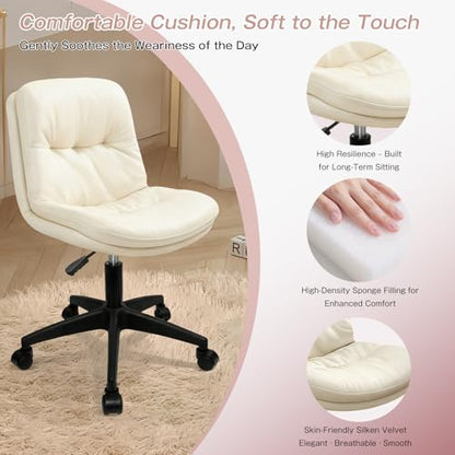 Armless Office Chair, Ergonomic Small Desk Chair with Padded Cushion & Lumbar Support, Height Adjustable 360° Swivel Rolling Task Chair with Wheels for Home Office, Vanity, Beige