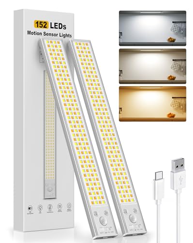 12inch Under Cabinet Lighting, 152LED Motion Sensor Light Indoor, USB Rechargeable Closet Lights, 3 Color Temps, Dimmable, Wireless Under Counter Lights for Kitchen, Stairs, Pantry, 2 Pack - color: 152LED-12IN, size: 2 Pack