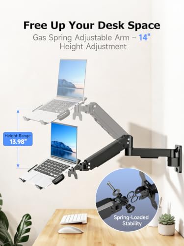 suptek Single Monitor Wall Mount with Laptop Tray for 13 to 18 Inch, Gas Spring Monitor Arm Wall Mount Holds Up to 11KG/24lbs, Full Motion Adjustable,VESA Mount 75x75/100x100mm - style: Laptop Wall Mount