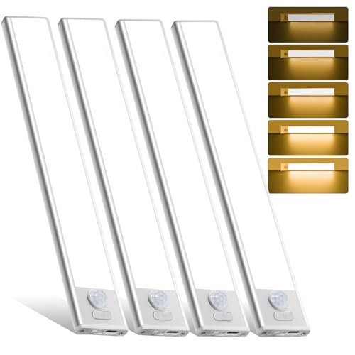 4 Pack Under Cabinet Lighting, Rechargeable Motion Sensor Light Indoor, Wireless Dimmable Magnetic Closet Lights, 32 LED Under Counter Lights for Kitchen, Wardrobe, Stairs, Warm Light - color: Warm Light, size: 8inch