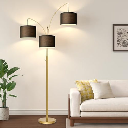 Dimmable Floor Lamp, 3 Lights Gold Arc Floor Lamp, Modern Tall Standing Tree Lamp with Black Linen Shades & Heavy Base, 3000LM LED Bulbs, Bright Lighting for Living Room, Bedroom, Office & Reading - color: Gold-Black Shade