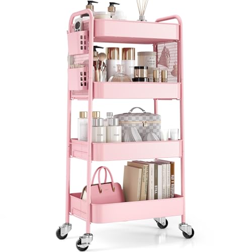 TOOLF 4 Tier Rolling Cart, Metal Utility Storage Cart with Pegboard, Pink | 2 Bins & 4 Hooks, Screwless Assembly, Lockable Wheels, Trolley Organizer for Bathroom, Kitchen, Office, Dorm, Craft Room - color: Pink, size: 4-Tier