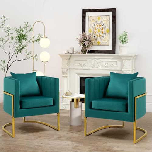 Velvet Accent Chairs Set of 2, Contemporary Barrel Armchairs, Living Room Bedroom Club Chair Set with Pillow, Channel Tufted, Gold Finish Base, Green - color: Green, size: 2 PCS