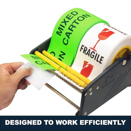 MDJ by Excell Manual Label Sticker Dispenser with 4 Suction Cups Base for Tabletop, Adjustable holder for multiple rolls for Office, Home, School, Warehouse, Easy Peel Off, Fits up to 6.5" Wide Labels - size: 6" Wide w/ Plastic Frame