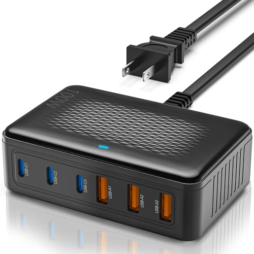 100W GaN 6-Port USB C Charger, Fast Charging Station with 5FT Cord - color: Black