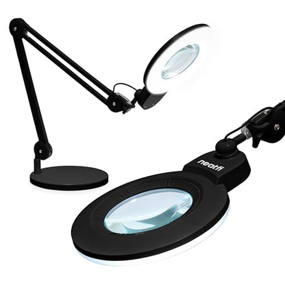 Neatfi XL LED Magnifying Lamp, Hands-Free, Dimmable, Crafts, Reading, Close Work (Black, Non-CCT with Base) - color: Black, size: 7-inch Lens, Non-CCT with Base