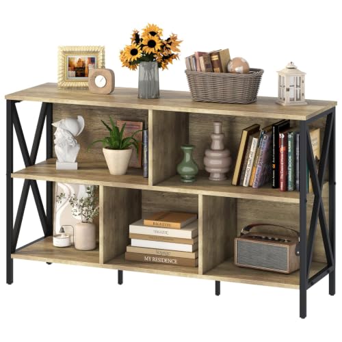 Adompacat 47" Low Horizontal Bookshelf, 5 Cube Wide Storage Organizer, Industrial Wood Metal Cubby Bookcase, Rustic Oak Farmhouse Open Shelf for Bedroom Living Room Home Office(47 in, Oak) - color: Oak