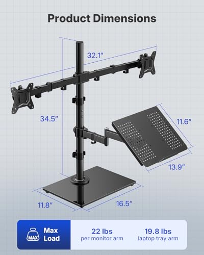 HUANUO Dual Monitor Stand with Laptop Desk Mount, Freestanding Glass Base | Fits 13-32 Inch Screens, Up to 17 Inch Laptop, 22 lbs/Monitor Arm, 19.8 lbs/Tray Arm, 2 Setup Options, VESA 75x75/100x100mm