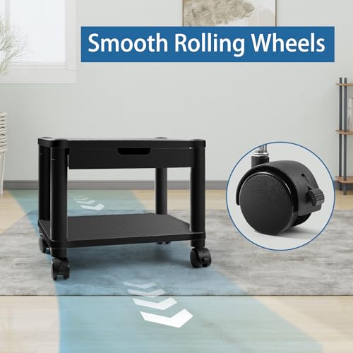 Under Desk Printer Stand with Wheels, Rolling Printer Cart with Lockable Wheels, 2-Tier Printer Table with Storage Drawer for Home&Office (Black)