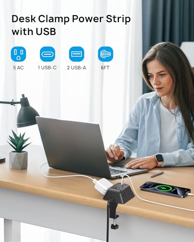 Desk Clamp Power Strip, Surge Protector with 5 AC Outlets and 3 USB Ports, Desk Mount Charging Station + TROND Outlet Extender Surge Protector - Multi Plug Wall Outlet with 4 Grounded Sockets