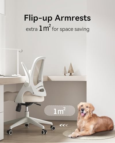 Hbada Office Desk Chair with Flip-Up Armrests and Saddle Cushion, Ergonomic Office Chair with S-Shaped Backrest, Swivel, Mesh, Grey - color: Grey