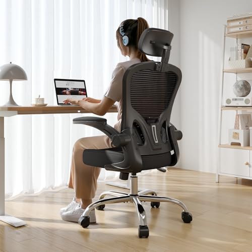 Office Chair Ergonomic Desk Chair, 330LBS Capacity, High Back Computer Chair for Long Hours Comfortable, Rolling Swivel Executive Task Chair for Home Office with Flip-up Armrests, Black Black-Chrome - color: Black-chrome