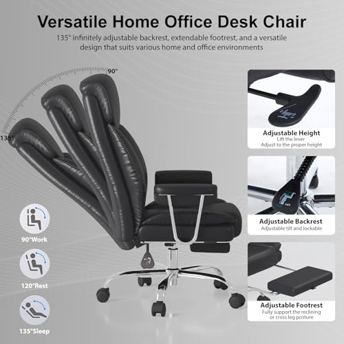 Big and Tall Office Chair, Executive Home Office Desk Chair, Comfy Leather High-Back Reclining Computer Chair with Retractable Footrest and Padded Arms, 360°Swivel Rolling Wheels, Wide Seat, Black - color: Black