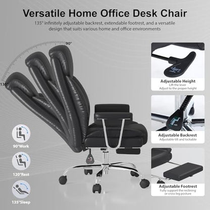 Big and Tall Office Chair, Executive Home Office Desk Chair, Comfy Leather High-Back Reclining Computer Chair with Retractable Footrest and Padded Arms, 360°Swivel Rolling Wheels, Wide Seat, Black - color: Black