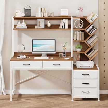 YOMILUVE 52" Computer Desk with Bookshelf, 5 Drawers ＆ Hutch for Bedroom | Office Desk with Printer Shelf, Study Writing Desk with Storage Shelves, Brown and White - color: Brown and White