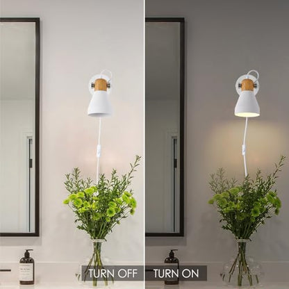 Modern Plug-in Wall Sconces, Matte White | Adjustable Reading Light, Natural Wood Accent, For Bedroom, Living Room, Home Office - color: Matte White+Wood Accent