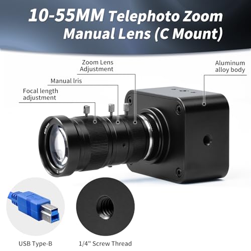 MOKOSE USB Camera 4K, USB3.0 Manual Focus Webcam with C-Mount 10-55mm Telephoto Zoom Lens, IMX678 1/1.8" 8MP Sensor Support YUY2,Web Camera for Desktop Computer Laptop - size: With 10-55MM Telephoto Varifocal Manual Lens