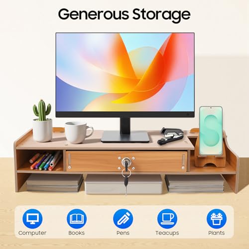 Wood Monitor Riser with Lockable Drawer, Computer/Laptop/PC Stand for Desk Organizer for Homes, Schools Monitor Stand Capacity 5.51-11.02 Lbs with Phone Holder & Pen Holes
