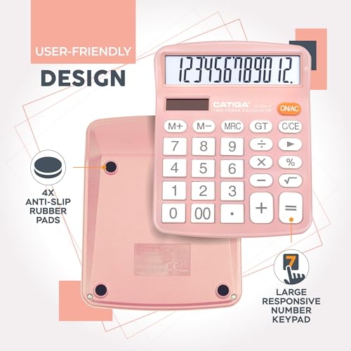 CATIGA 12 Digits Desktop Calculator with Large LCD Display and Sensitive Button, Dual Solar Power and Battery, Standard Function for Office, Home, School, CD-2786(Light Pink) - color: Light Pink