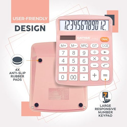 CATIGA 12 Digits Desktop Calculator with Large LCD Display and Sensitive Button, Dual Solar Power and Battery, Standard Function for Office, Home, School, CD-2786(Light Pink) - color: Light Pink