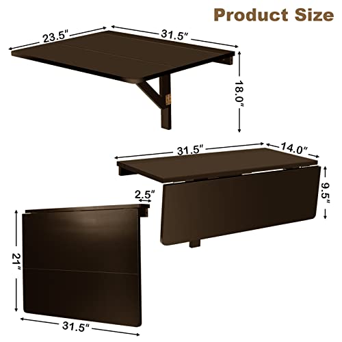 COSTWAY Wall Mounted Folding Table, 31.5" x 23.5" Drop-Leaf Floating Writing Desk for Small Spaces, Space-Saving Fold Down Laptop Workstation for Kitchen, Bedroom, Laundry Room, Study Room (Brown) - color: Brown