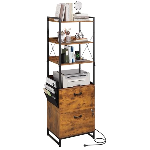 DEVAISE 2 Drawer File Cabinet with Charging Station and 4-Tier Bookshelf, Tall Filing Cabinet for Office Storage, Printer Stand fits Filing Cabinets for Home Office, Rustic Brown