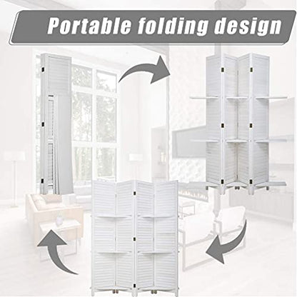 FDW 4 Panel Room Divider Folding Privacy Wooden Screen with Three Clever Shelf Portable Partition Wood Divider for Home Office, White