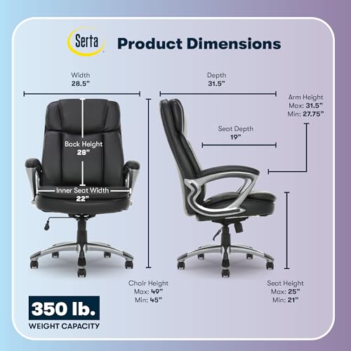 Serta Ergonomic Big and Tall Executive Office Chair Lumbar Support, Leather | Fairbanks, Gaming Chair with Headrest, 350lb Capacity, Padded Arms, Semi-Plush Seat Cushion, Adjustable Height & Tilt, Black - color: Black, size: 350 lbs