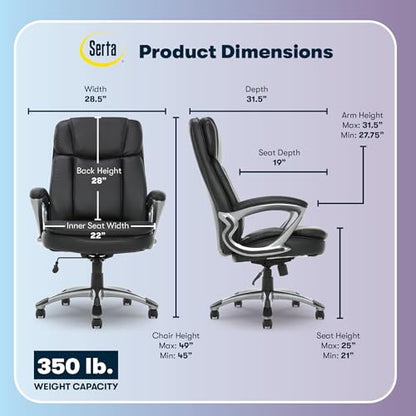 Serta Ergonomic Big and Tall Executive Office Chair Lumbar Support, Leather | Fairbanks, Gaming Chair with Headrest, 350lb Capacity, Padded Arms, Semi-Plush Seat Cushion, Adjustable Height & Tilt, Black - color: Black, size: 350 lbs