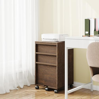 Garvee Rolling File Cabinet with 3 Drawers, Wood Mobile Filing Cabinet for Home Office, Under Desk Printer Stand with Wheels, Large File Drawer, 2 Locking Casters, Brown - color: Brown