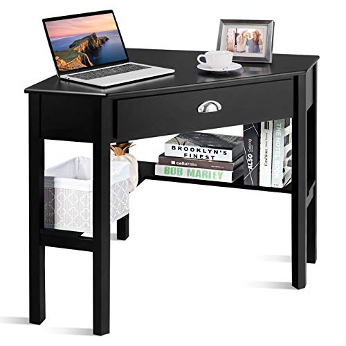GOFLAME Computer Corner Desk, Wood Compact Home Office Writing Workstation with Drawer and Shelves, Laptop PC Corner Table for Small Space Home Office, Black - color: Black