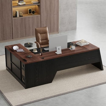 78-Inch L-Shaped Executive Desk with Drawer, Walnut Brown Black | Large Home Office Desk with Cord Hold and Power Outlet, Modern Computer Table with File Cabinet,Open Shelf and PC Stand - color: Walnut