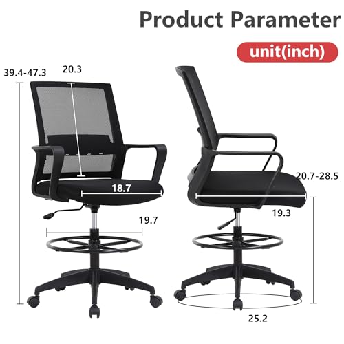 BestOffice | Tall Drafting Chair | Black | with Lumbar Support | Adjustable Seat Height & Footrest | Ergonomic Mesh Back, 360 Swivel & Rolling Wheels | For Home, Office, Workspaces - color: Black