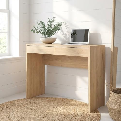 Furnifact Brown Wood Desk with Drawers, Writing Desk with Drawers for Home Office, Elegant Computer Study Table for Bedroom or Work from Home