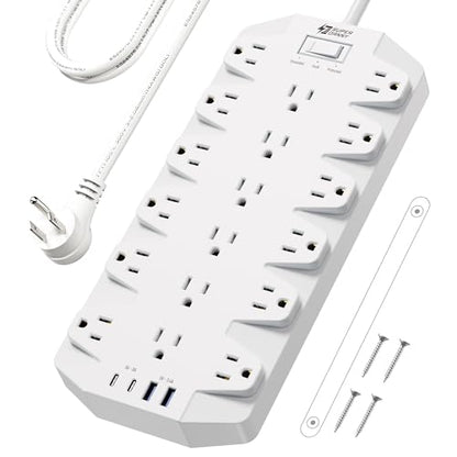 SUPERDANNY 18 AC Power Strip Surge Protector, 6.5FT, Flat Plug, 1875W/15A - color: White, size: 6.5 FT