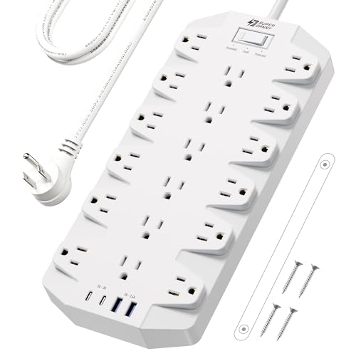 SUPERDANNY 18 AC Power Strip Surge Protector, 6.5FT, Flat Plug, 1875W/15A - color: White, size: 6.5 FT