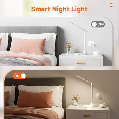 ShineTech LED Desk Lamp for Home Office,Foldable Reading Lamp with Adapter | 25 Lighting Modes and Dimmable, Touch Control, Eye-Caring LED Light for Bedroom Nighstand with Small Night Light, White - color: White